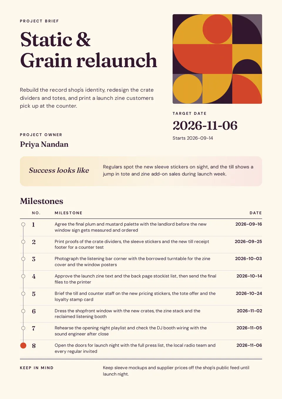 A project brief for a record shop relaunch, with a grid of plum, mustard, and red shape tiles, the target date, and a list of eight milestones.