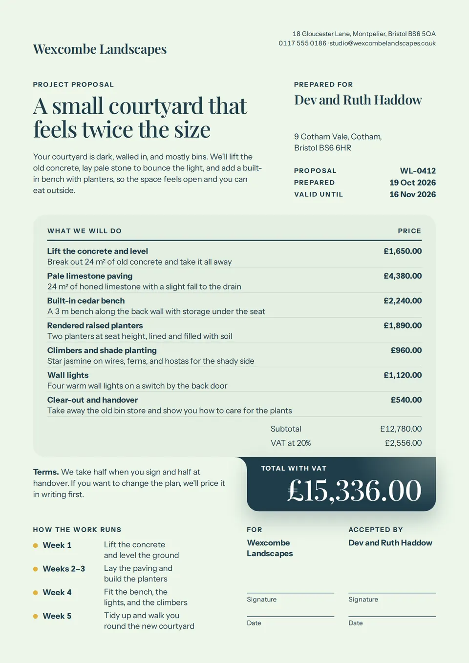 The Project proposal design made for a second business, with its own details and brand.