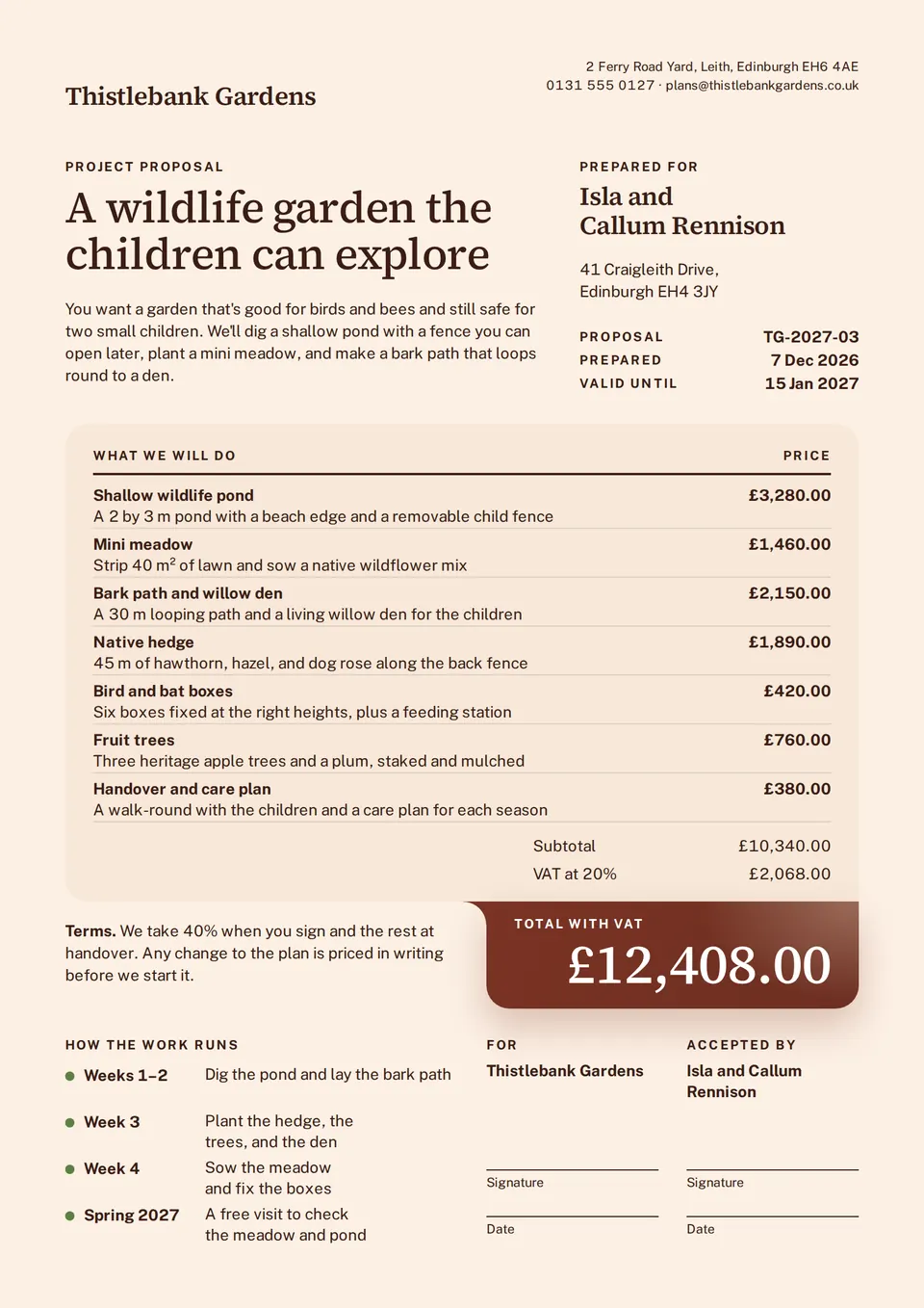 The Project proposal design made for a third business, with its own details and brand.
