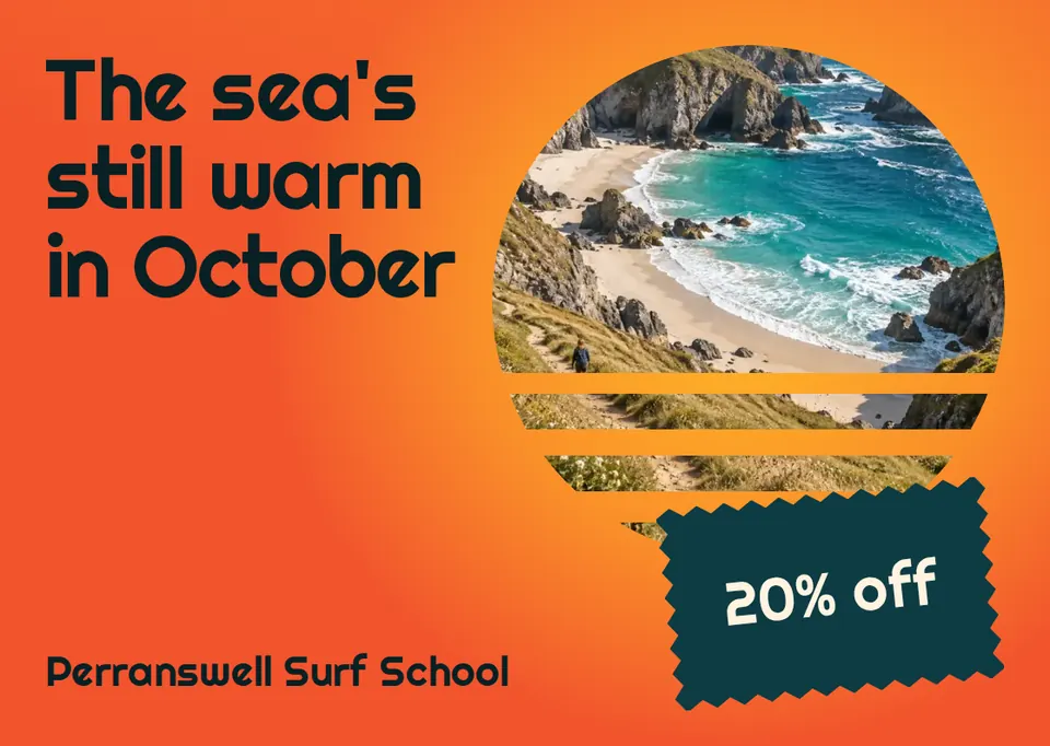 A landscape postcard front with an orange-to-gold gradient, the headline The sea's still warm in October in dark rounded type, a round coast photo cut into sunset stripes, and a dark teal zigzag stamp that says 20% off.