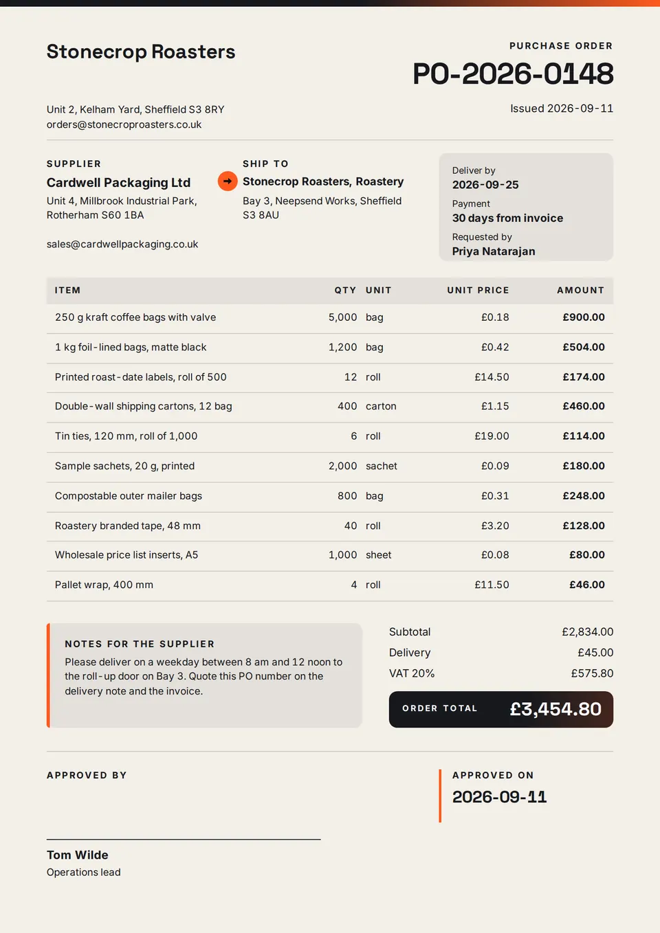 A purchase order from Stonecrop Roasters to Cardwell Packaging with the supplier, delivery address, a list of packaging items and the £3,454.80 total.