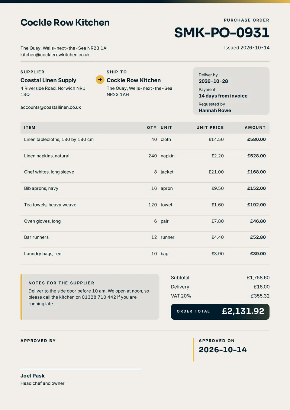 The Purchase order design made for a second business, with its own details and brand.