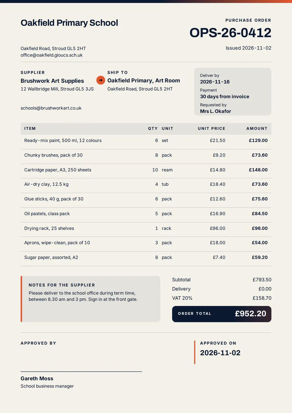 The Purchase order design made for a third business, with its own details and brand.