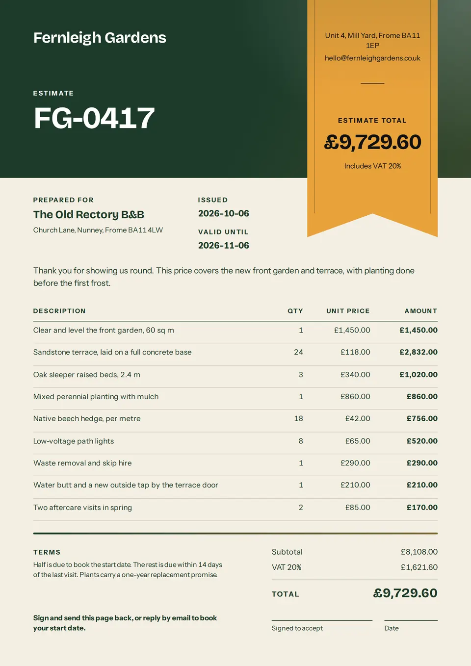 A garden estimate from Fernleigh Gardens with a green header, a gold ribbon showing the £9,729.60 total, and a list of the planned work.