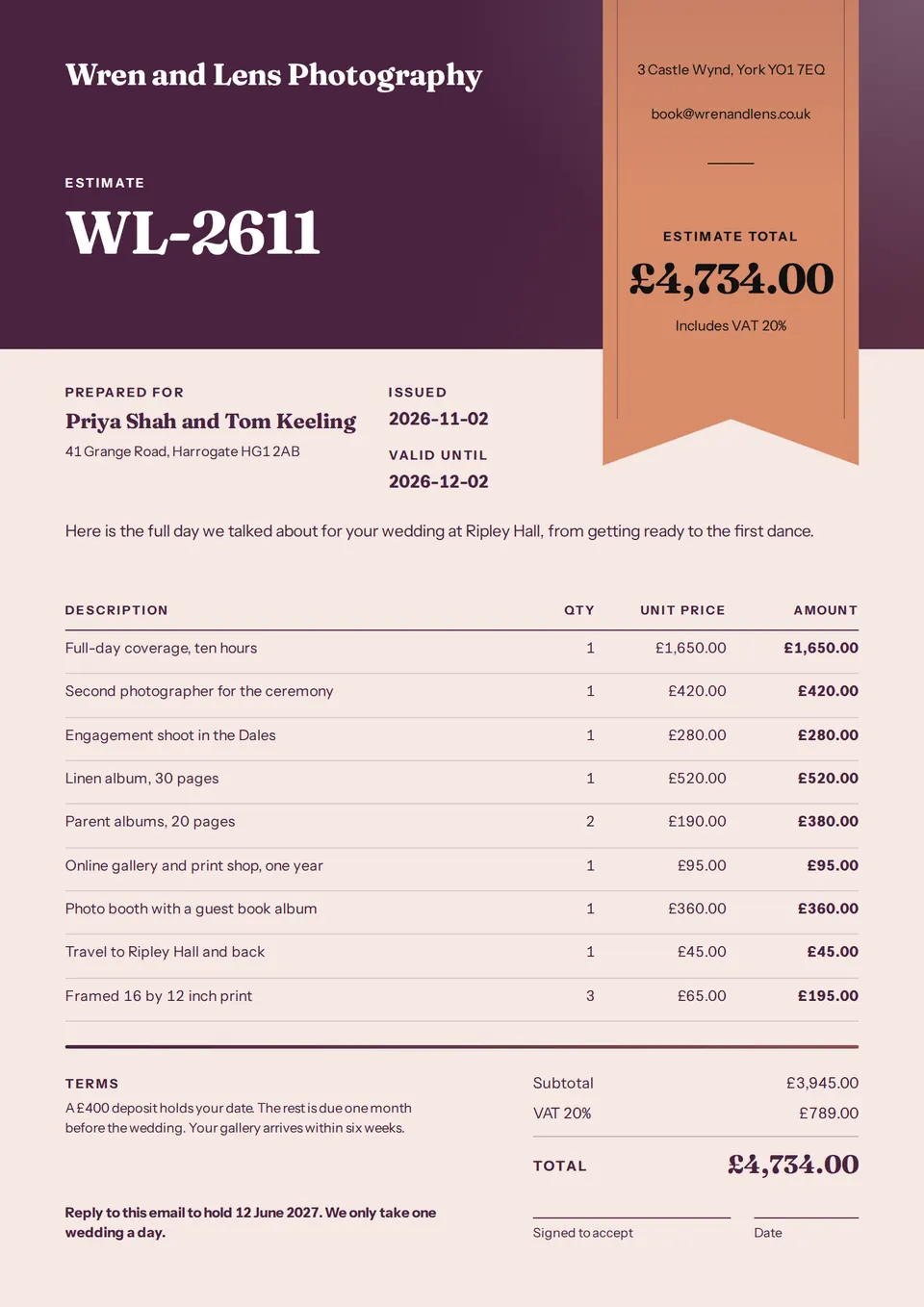 The Price quote design made for a second business, with its own details and brand.