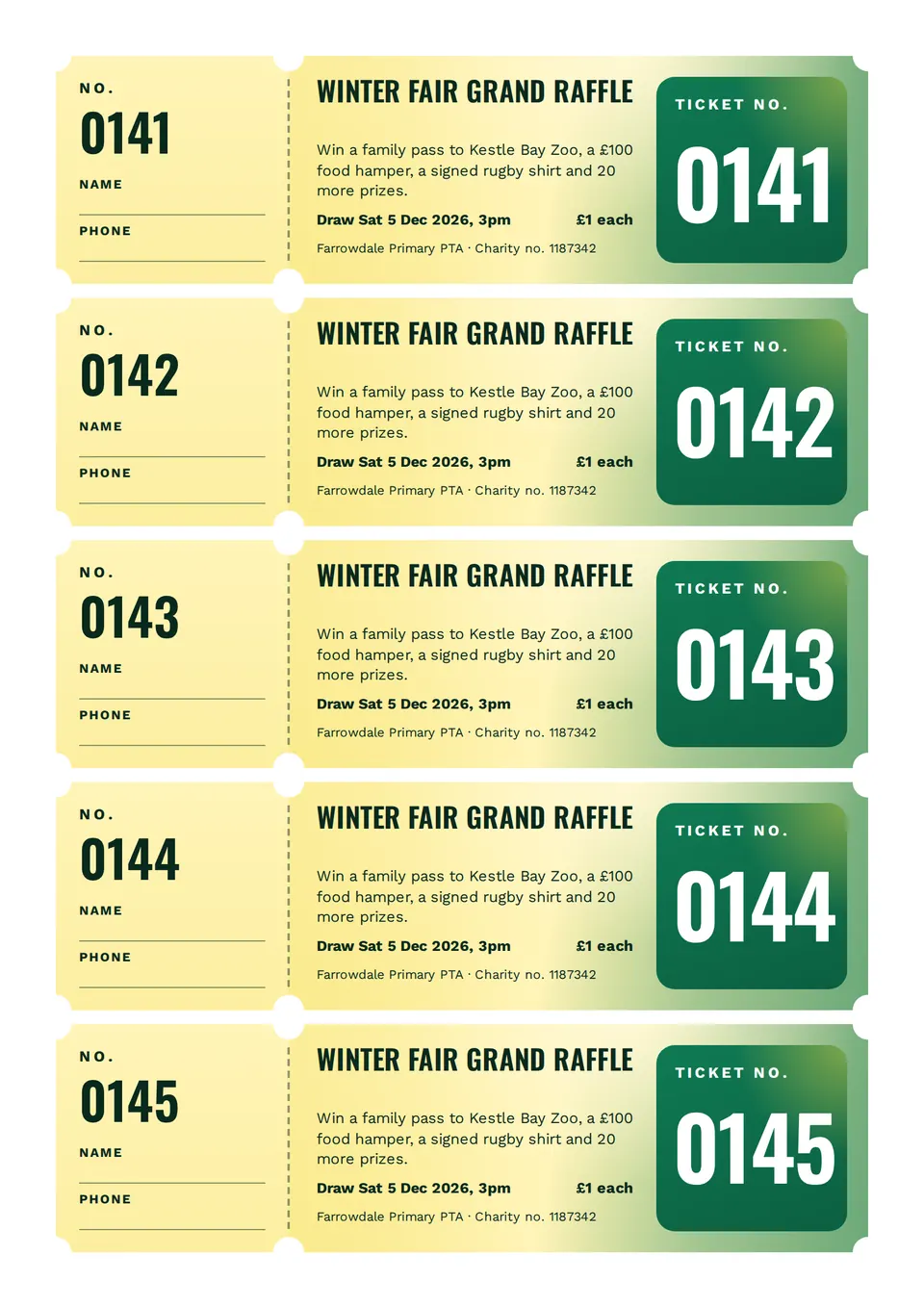 An A4 sheet of five notched raffle tickets for the Winter Fair Grand Raffle, each with a pale yellow stub for a name and phone number, a dashed tear line, a yellow to green gradient body with the prizes and draw date, and a deep green block with the ticket number.