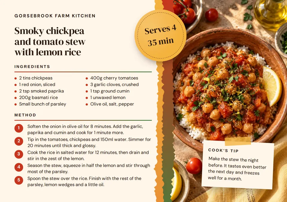A landscape A5 recipe card for a smoky chickpea and tomato stew, with a two-column ingredient list and five red numbered steps on cream, a photo of the stew behind torn red, green, and gold paper edges, a gold Serves 4 sticker, and a taped cook's tip card.