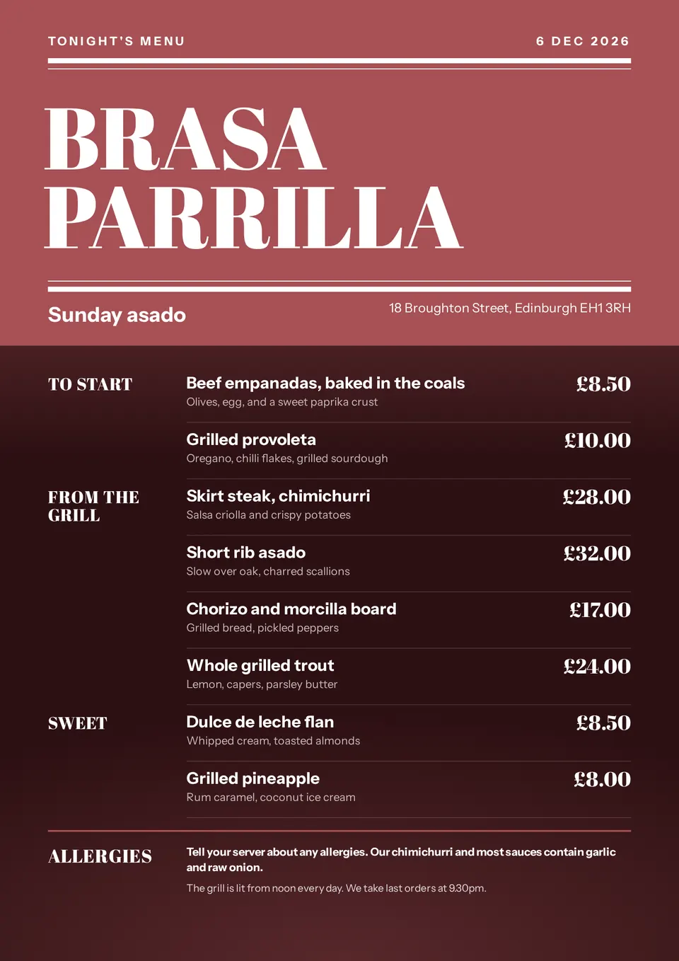 The Restaurant menu design made for a third business, with its own details and brand.