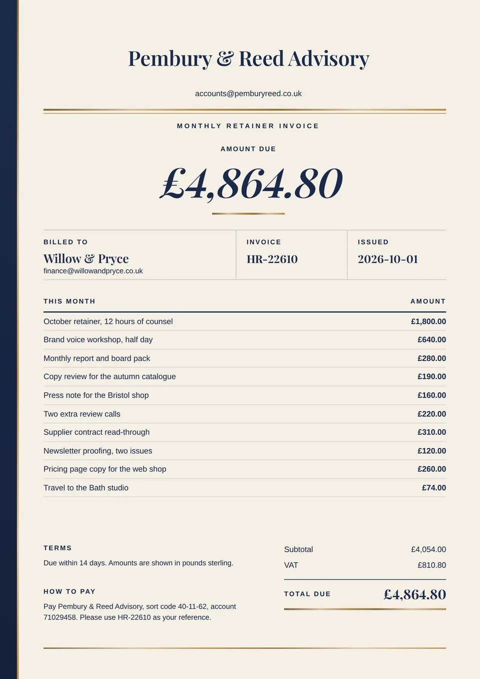 A monthly retainer invoice on letterhead, with gold foil lines and the amount due set large and centred.