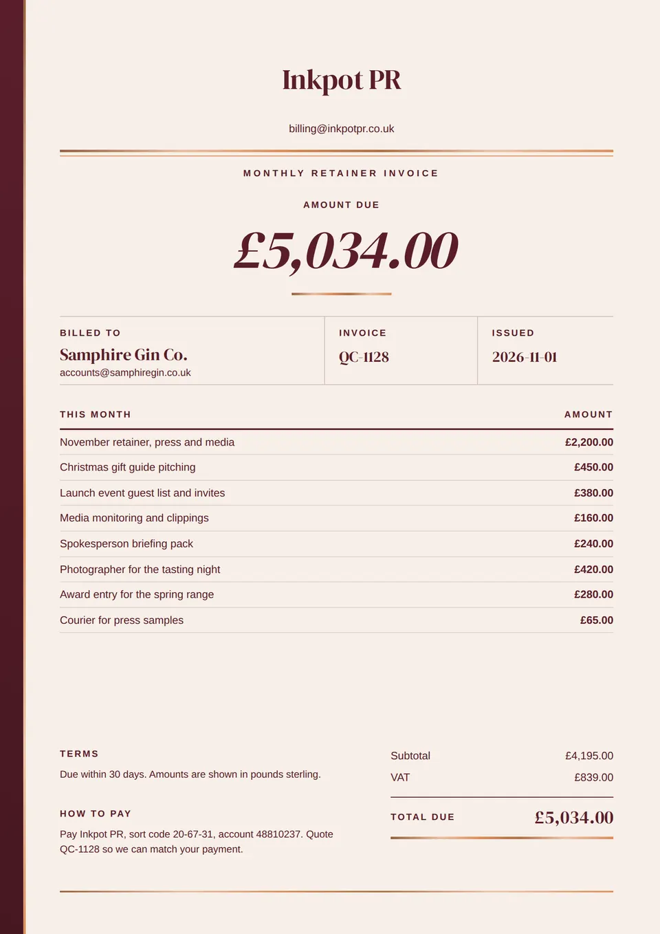 The Retainer invoice design made for a second business, with its own details and brand.