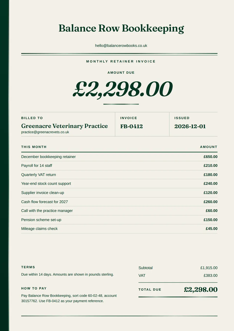 The Retainer invoice design made for a third business, with its own details and brand.