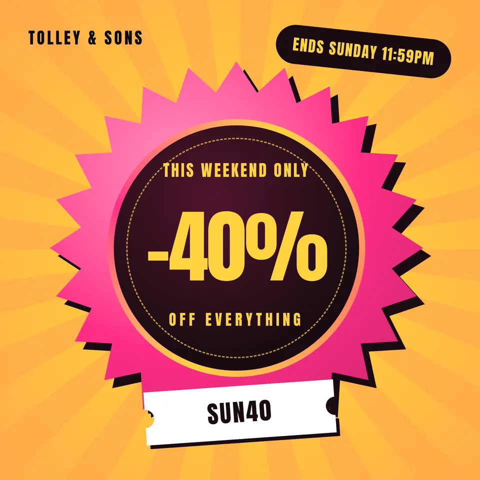 A square sale sticker for Tolley & Sons, with a pink starburst on yellow sun rays, a dark centre disc that says -40% off everything, and a white code ticket for SUN40.