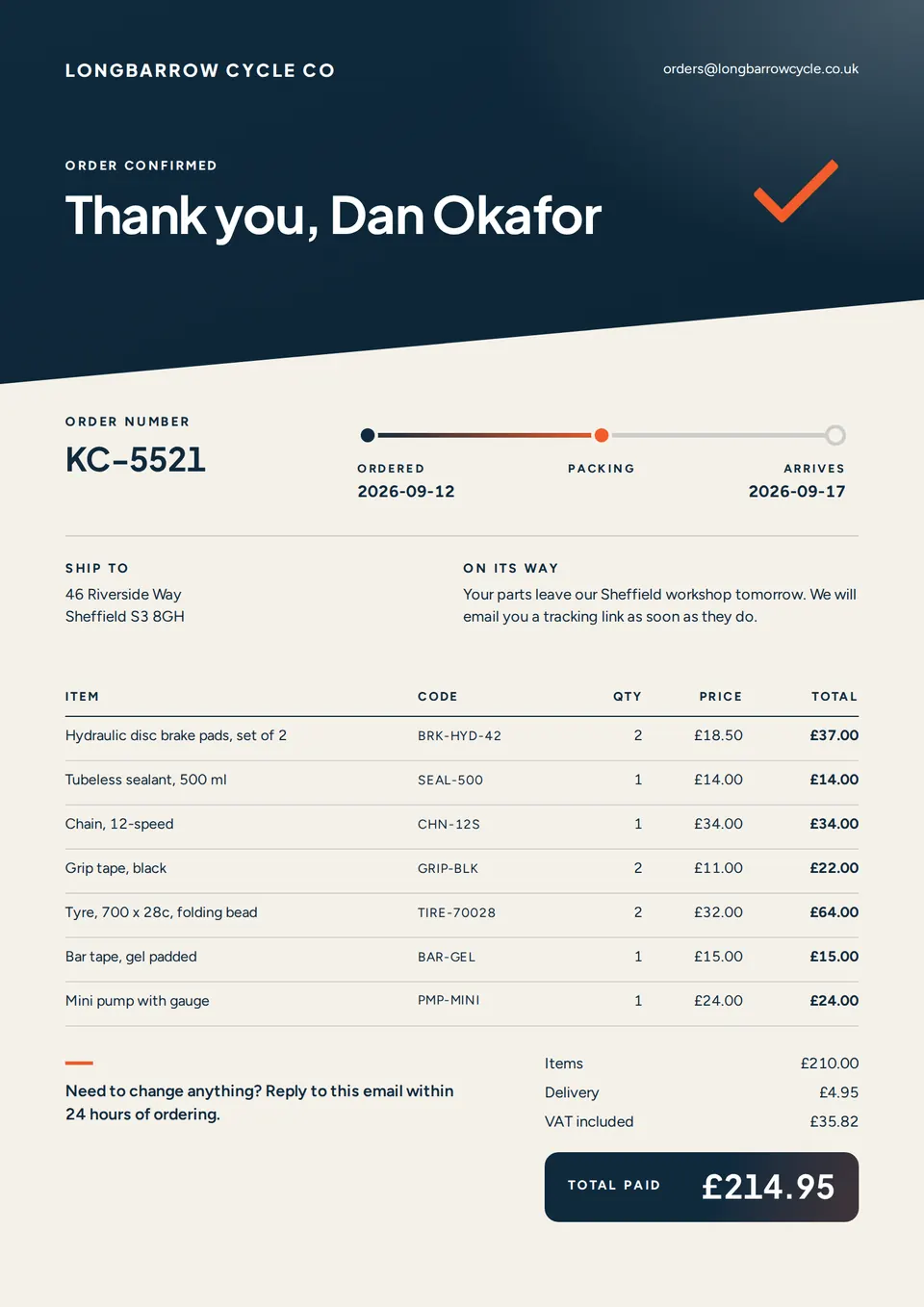 An order confirmation that says Thank you, Dan Okafor, with a tick, a delivery timeline, and the bike parts he bought for £214.95.