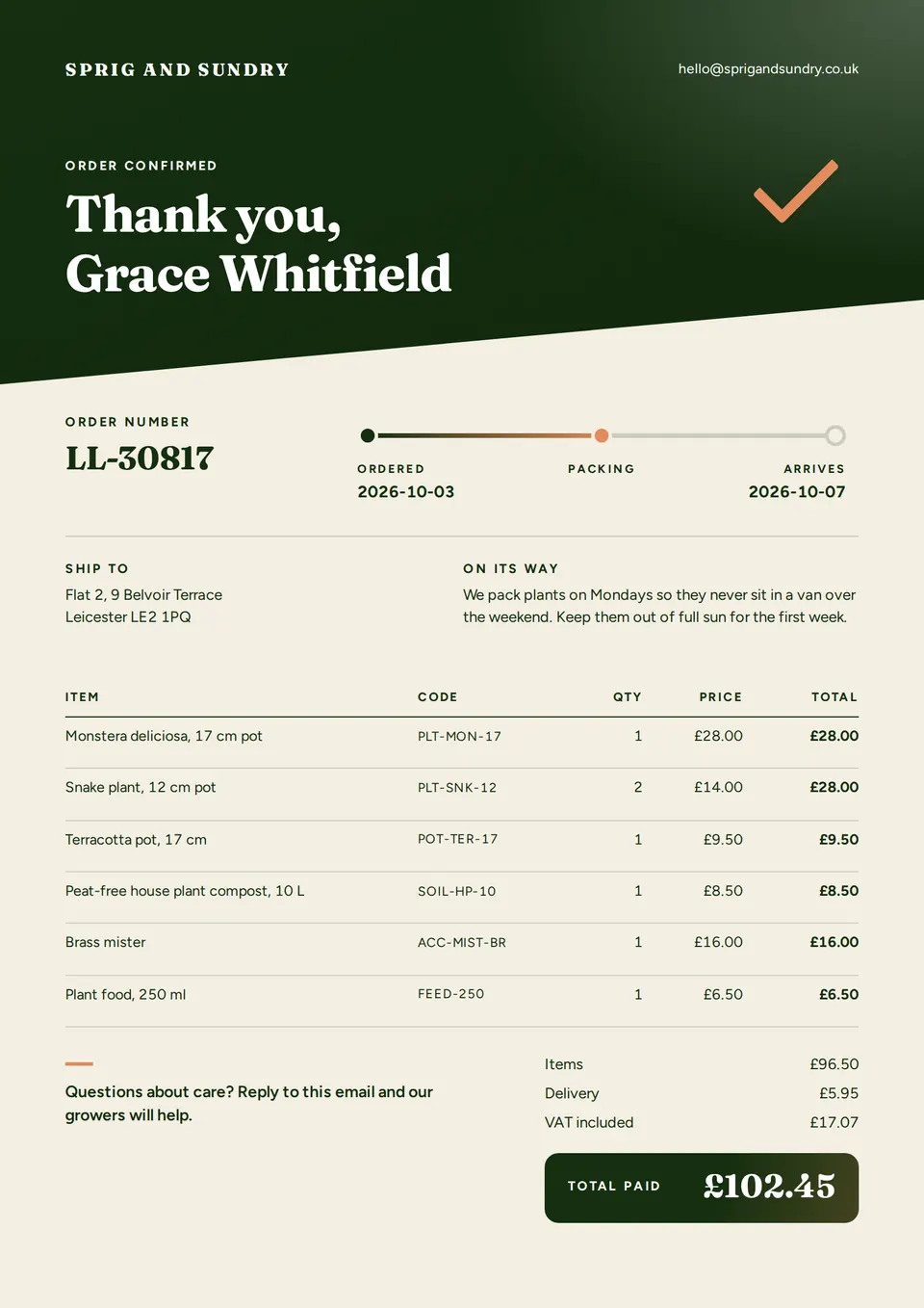 The Sales order confirmation design made for a second business, with its own details and brand.