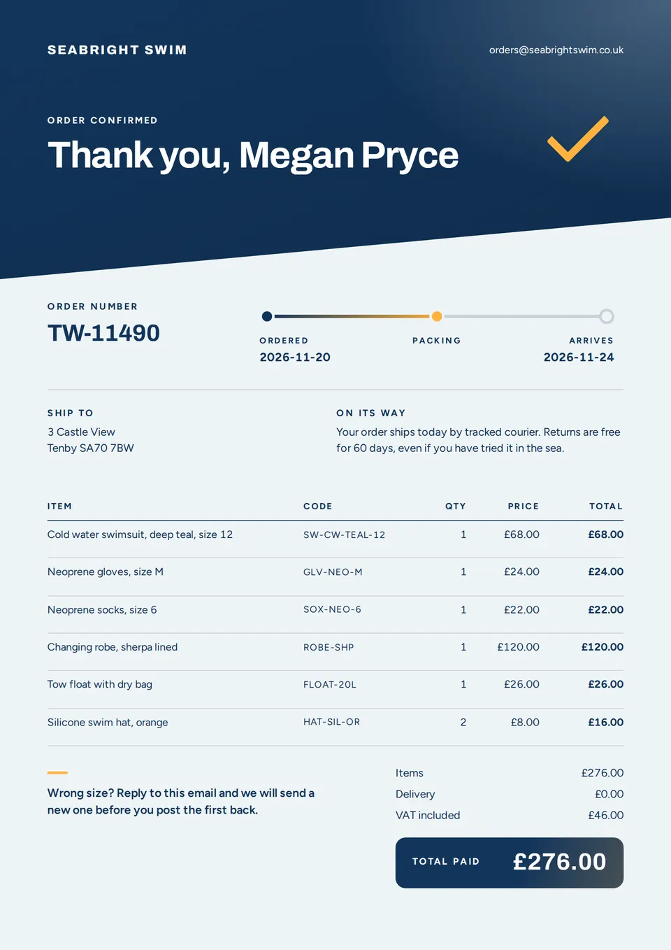 The Sales order confirmation design made for a third business, with its own details and brand.