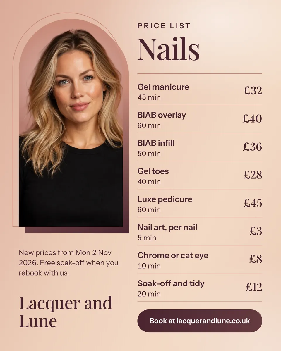 A portrait nail salon price list on a blush satin gradient, with a smiling woman in a rose arch, the big serif word Nails, eight services with times and prices such as Gel manicure £32, and a plum booking pill.