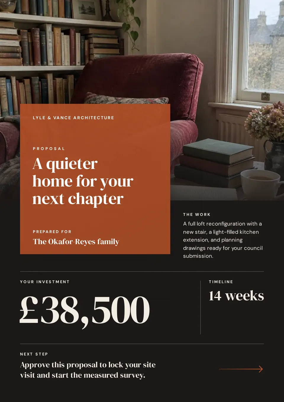 A service proposal with a full-width room photo, a see-through colour panel for the headline and client, the scope, a large price, and the timeline.