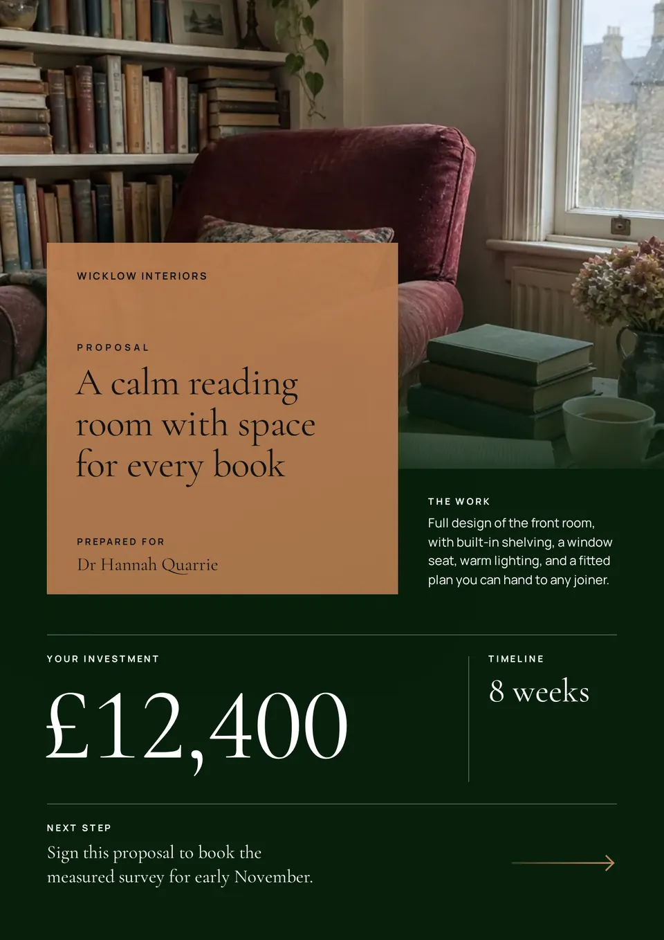 The Service proposal design made for a second business, with its own details and brand.