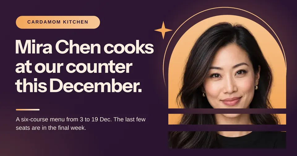 A share card for Cardamom Kitchen, with a big headline about Mira Chen on dark plum and her photo in an apricot arch with a striped cut at the base.