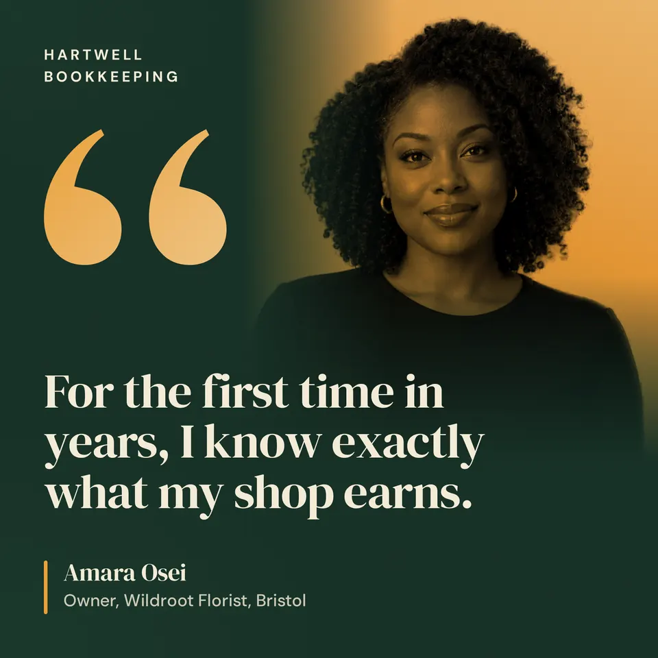 A Hartwell Bookkeeping customer quote in big cream serif type on deep green, beside a gold duotone photo of the smiling client and a large gold quote mark.