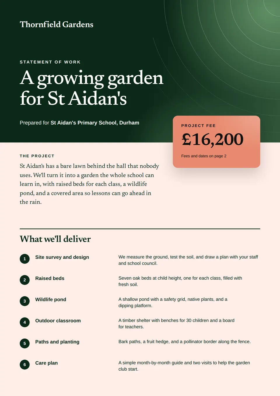 The Statement of work design made for a second business, with its own details and brand.