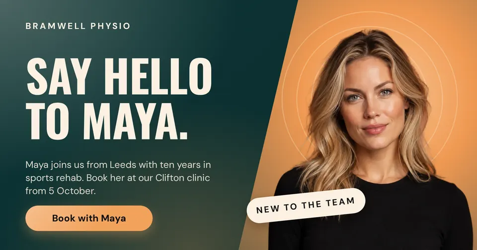 A Bramwell Physio banner that says Say hello to Maya in big cream capitals, with Maya on an orange panel with rings and a New to the team tag.