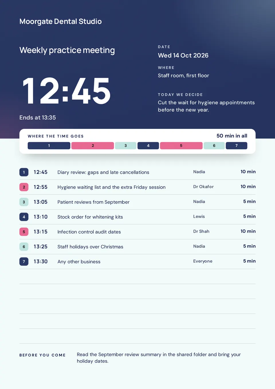 The Team meeting agenda design made for a third business, with its own details and brand.