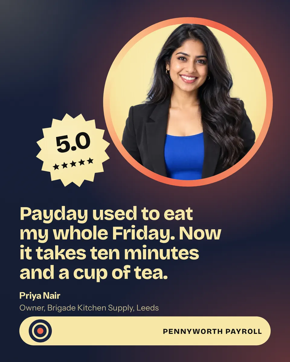 A Pennyworth Payroll review ad with a smiling customer in a coral ring, a 5.0 star sticker, her quote in big butter type on navy, and the logo in a cream bar.