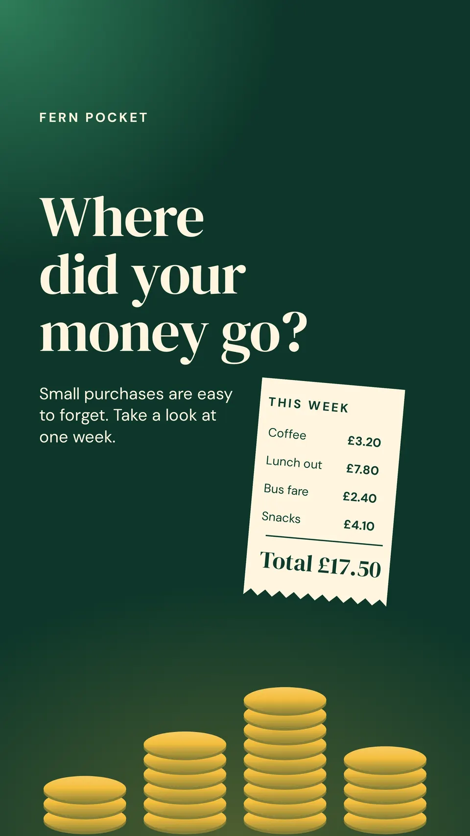A TikTok slide for Fern Pocket with a paper receipt, stacks of gold coins and the title "Where did your money go?" on deep green.