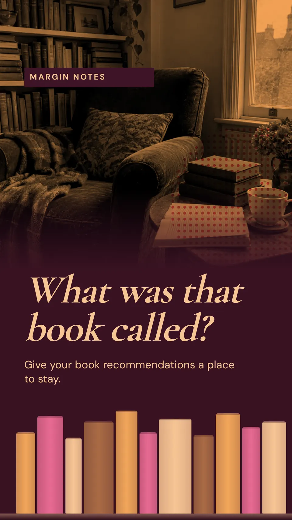 A TikTok slide for Margin Notes with a two-colour print of an armchair by a bookshelf, the title "What was that book called?" and a row of book spines.
