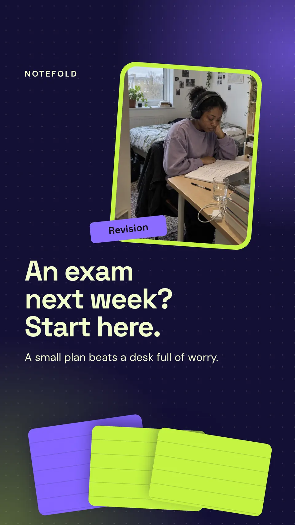 A TikTok slide for Notefold with a tilted photo of a student revising, a "Revision" tag and a fan of index cards on a dotted navy page.