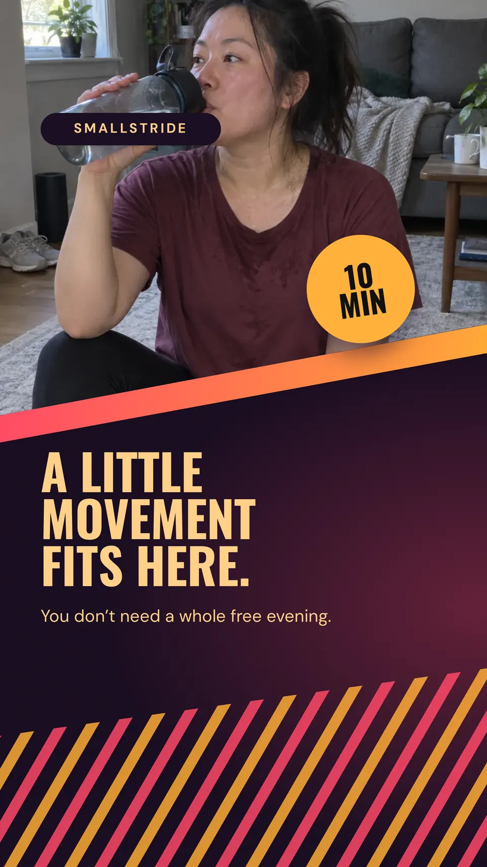 A TikTok slide for Smallstride with a slanted workout photo, a "10 min" badge and a bold title on a dark plum page.