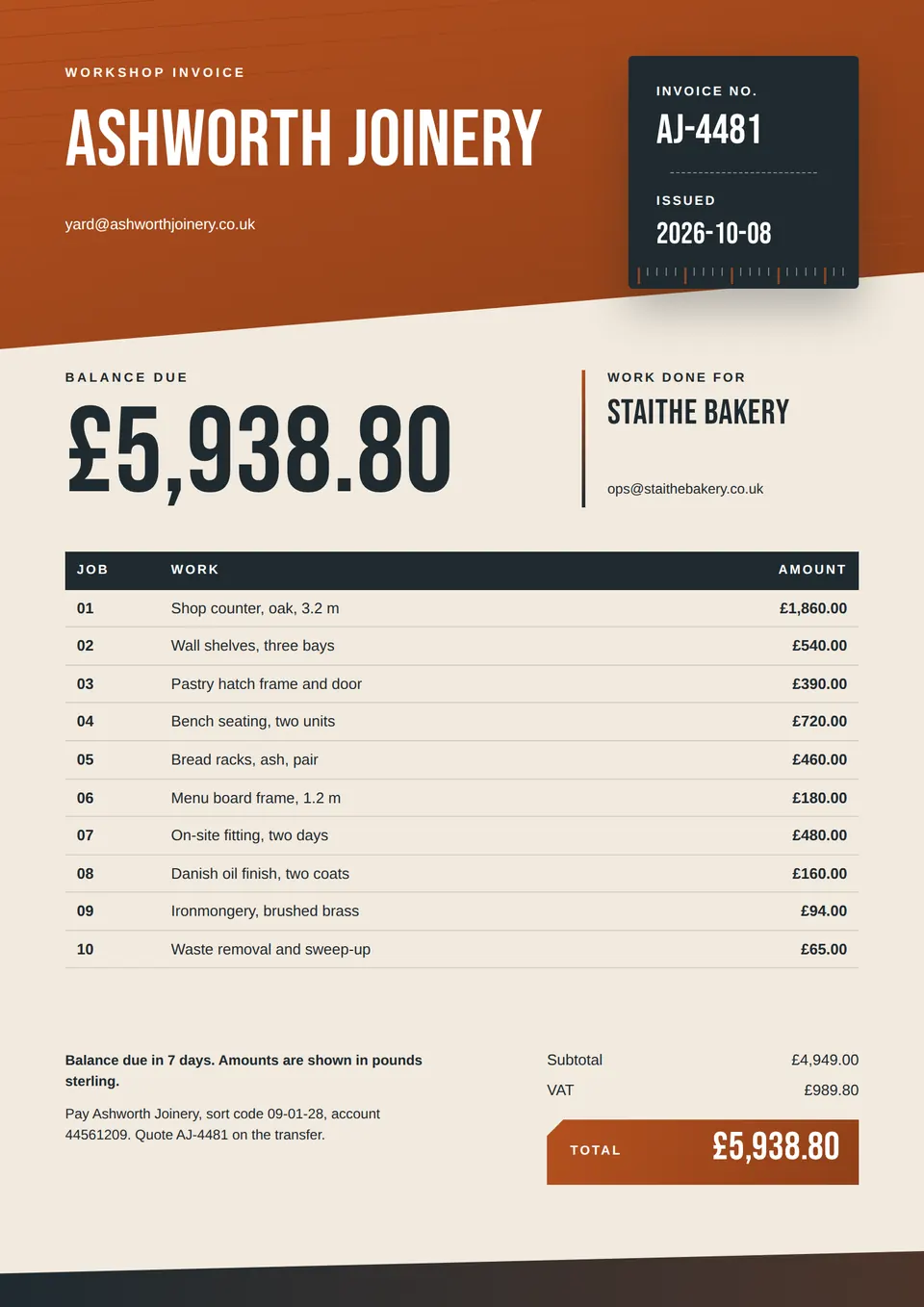 A workshop invoice with a rust header, a dark docket plate with a tape-measure edge, and the balance due in tall bold letters.