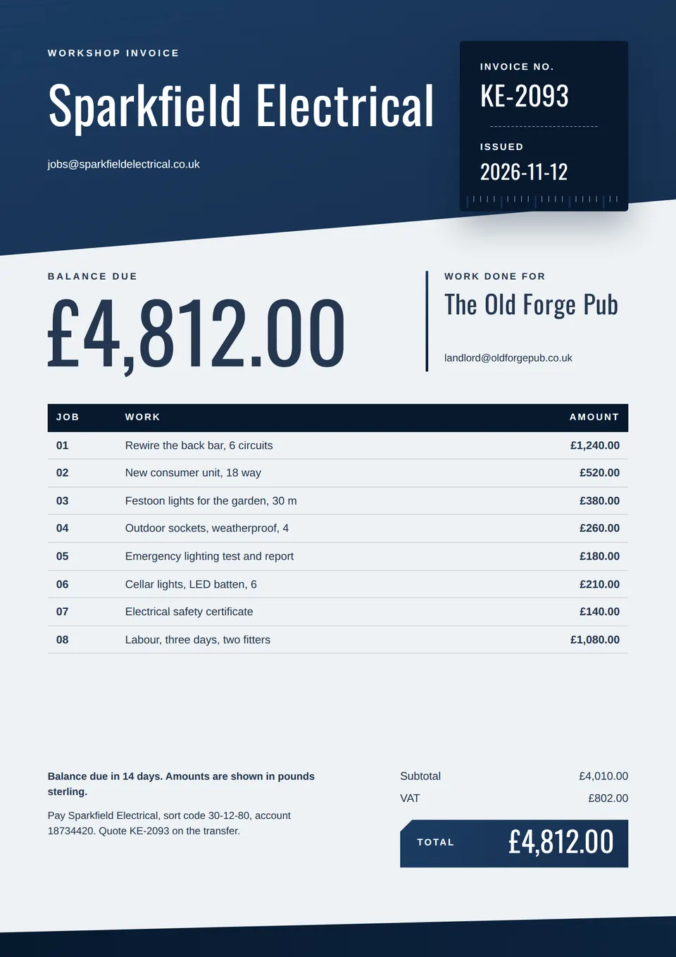 The Trade invoice design made for a second business, with its own details and brand.
