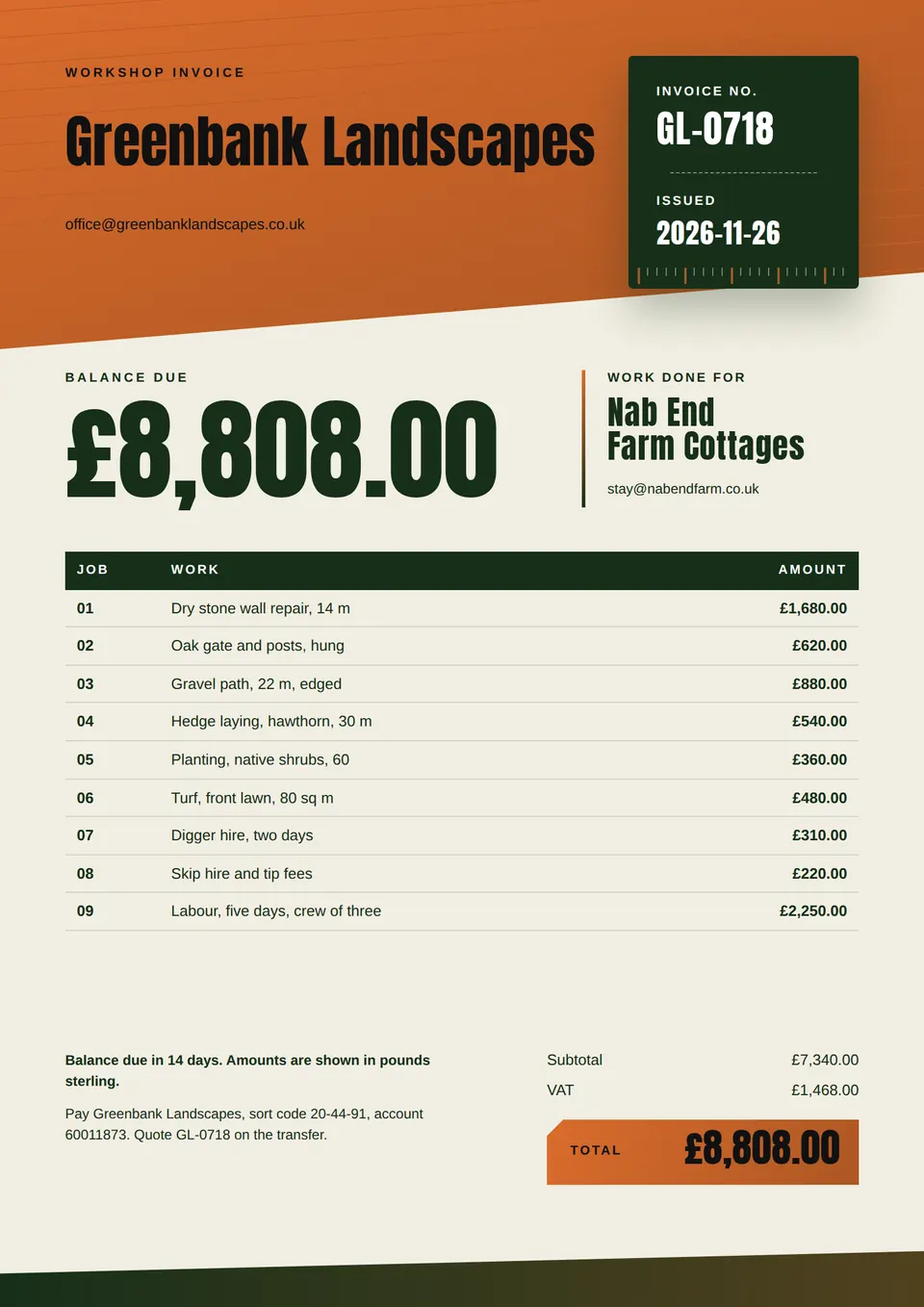 The Trade invoice design made for a third business, with its own details and brand.