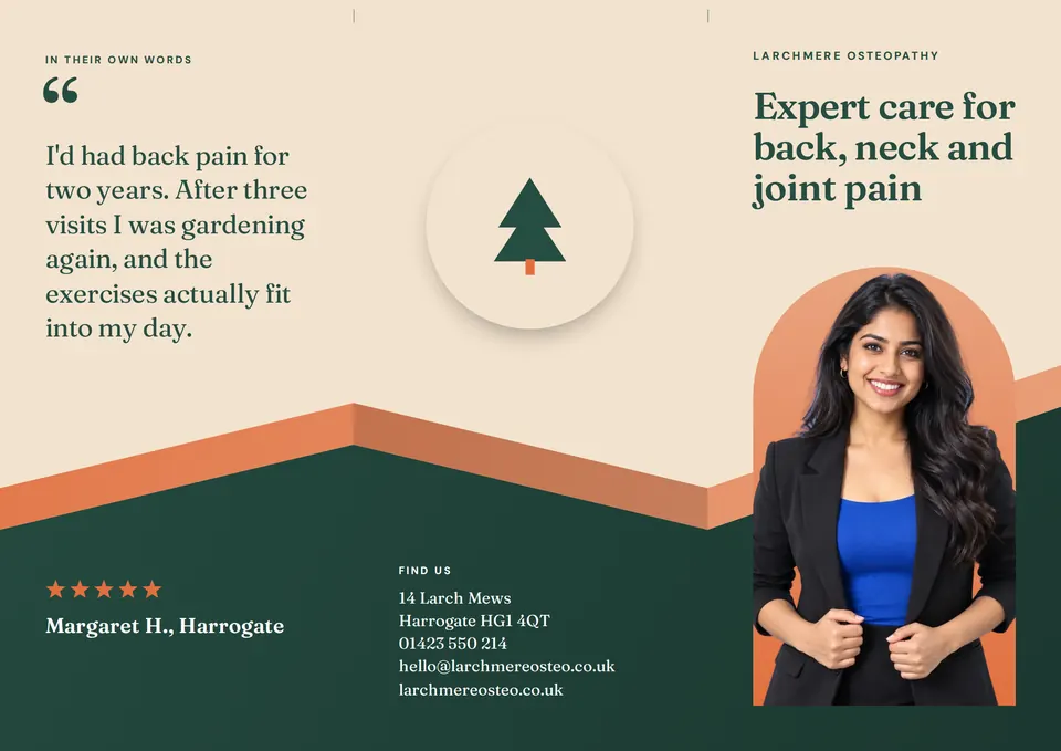 A landscape trifold brochure in forest green, cream, and apricot, with a customer quote above a five-star line and the name Margaret H., the tree logo in a cream circle over the Find us details on the green band, and a cover with the headline Expert care for back, neck and joint pain above an arched photo of a smiling woman in a black blazer.