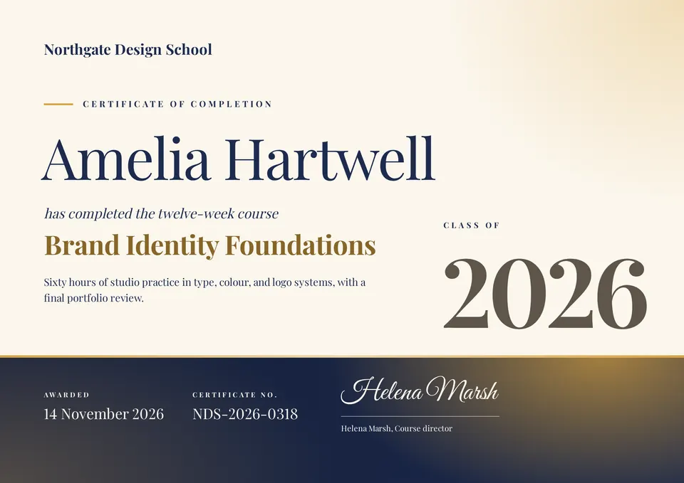 A landscape workshop certificate with the recipient's name, the course in gold, a large 2026 class year, and a signature on a navy band.