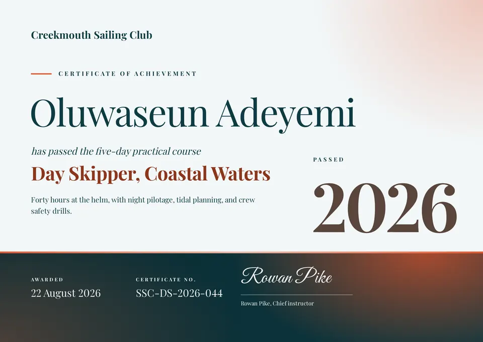 The Course completion certificate design made for a second business, with its own details and brand.