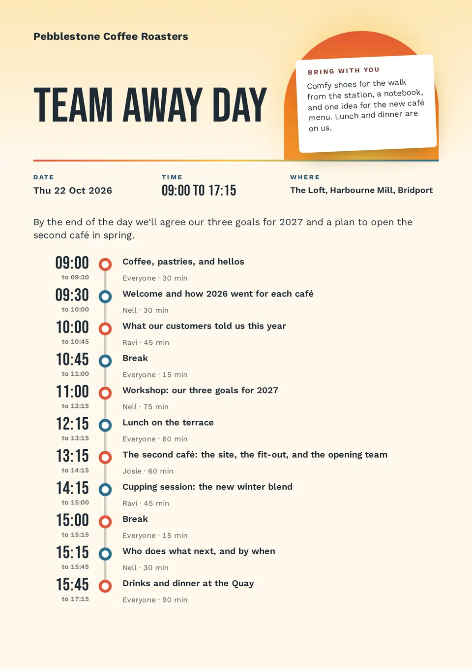 A team away day agenda for Pebblestone Coffee Roasters with a sunrise arch, a tilted note card of what to bring, and a timeline of eleven sessions from 09:00 to 17:15.
