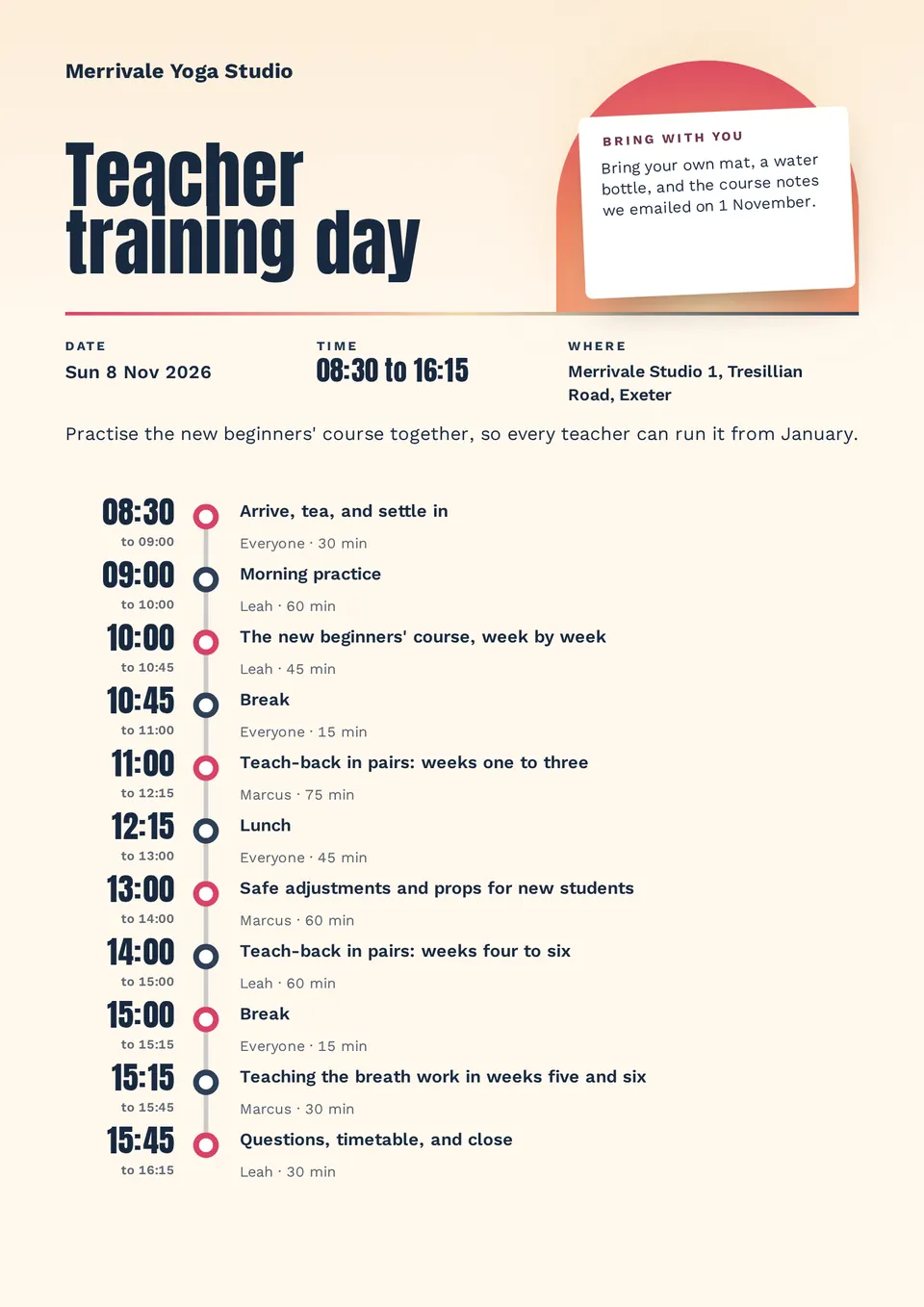 The Workshop agenda design made for a second business, with its own details and brand.