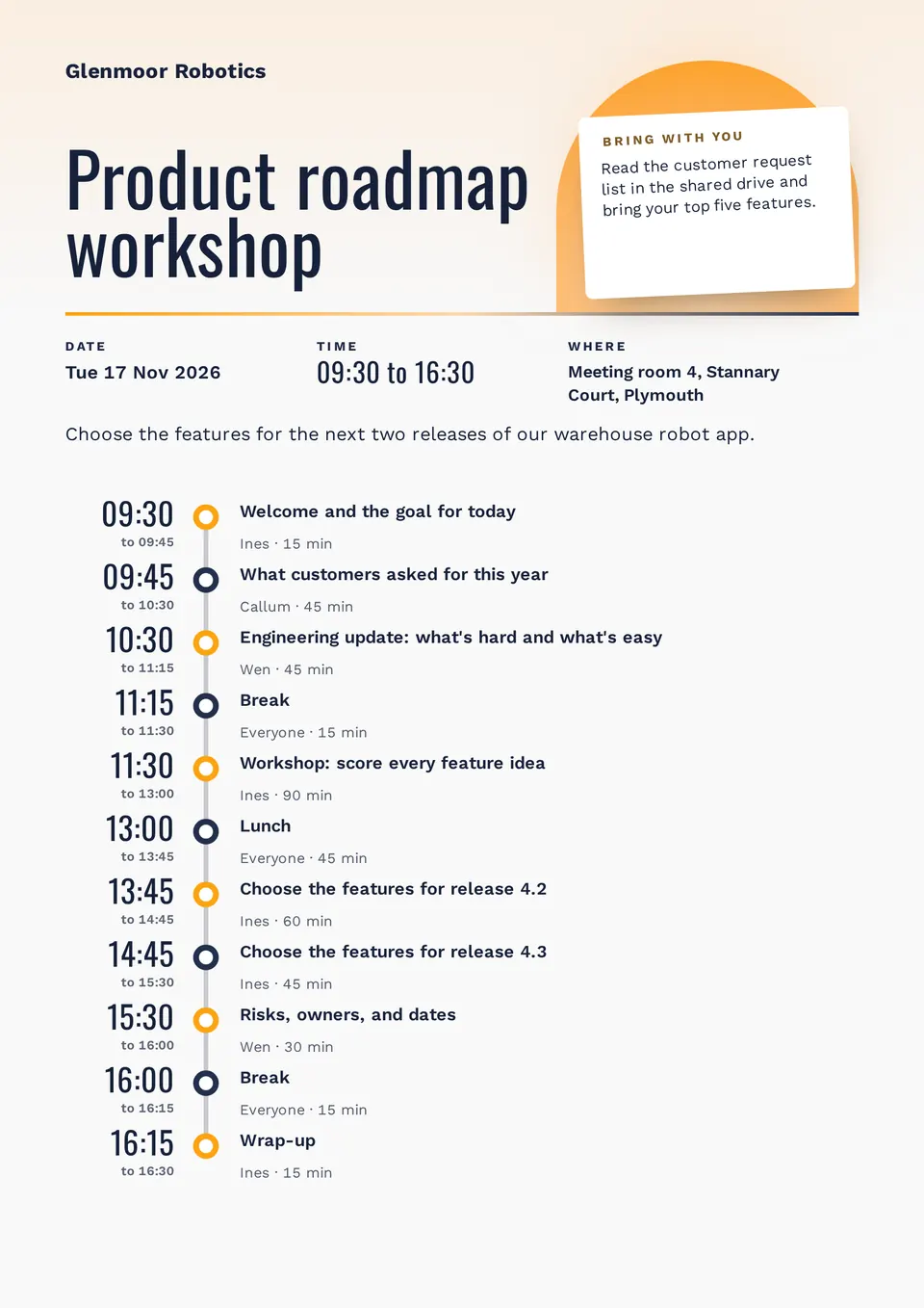 The Workshop agenda design made for a third business, with its own details and brand.