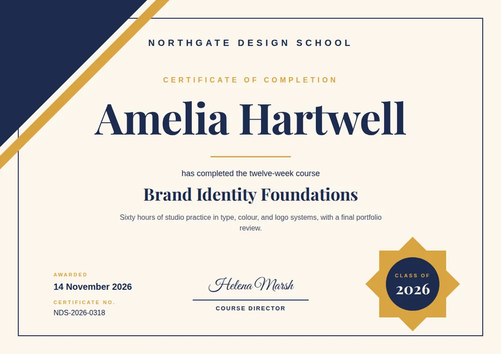A cream landscape certificate with a navy diagonal corner, the large navy serif name Amelia Hartwell, the course Brand Identity Foundations, a script signature, and a gold eight-point seal that reads Class of 2026.