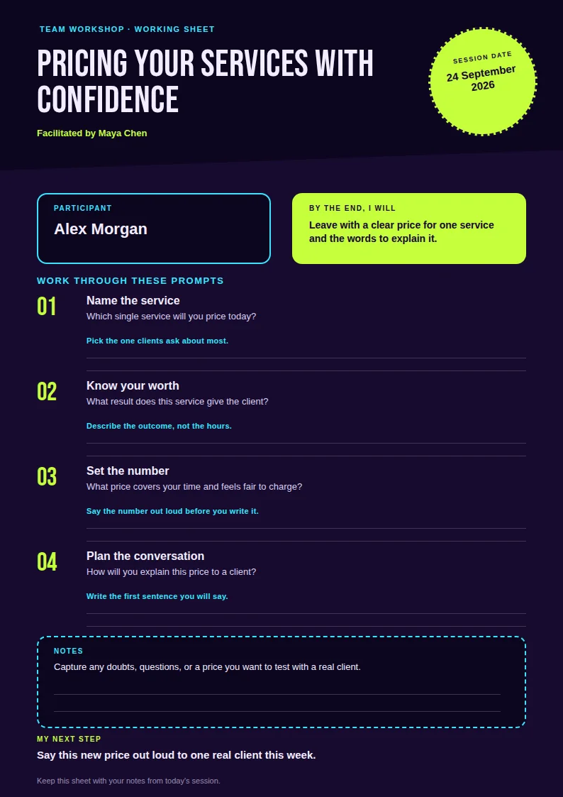 An A4 workshop worksheet on a dark navy page with a lime dashed seal stating the session date, a cyan-bordered participant box, four lime-numbered prompts with ruled answer lines, a cyan dashed notes box, and a lime next-step line.