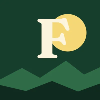 A square forest-green profile picture with a large cream serif letter F in front of a butter-yellow sun, above two layers of green hills.