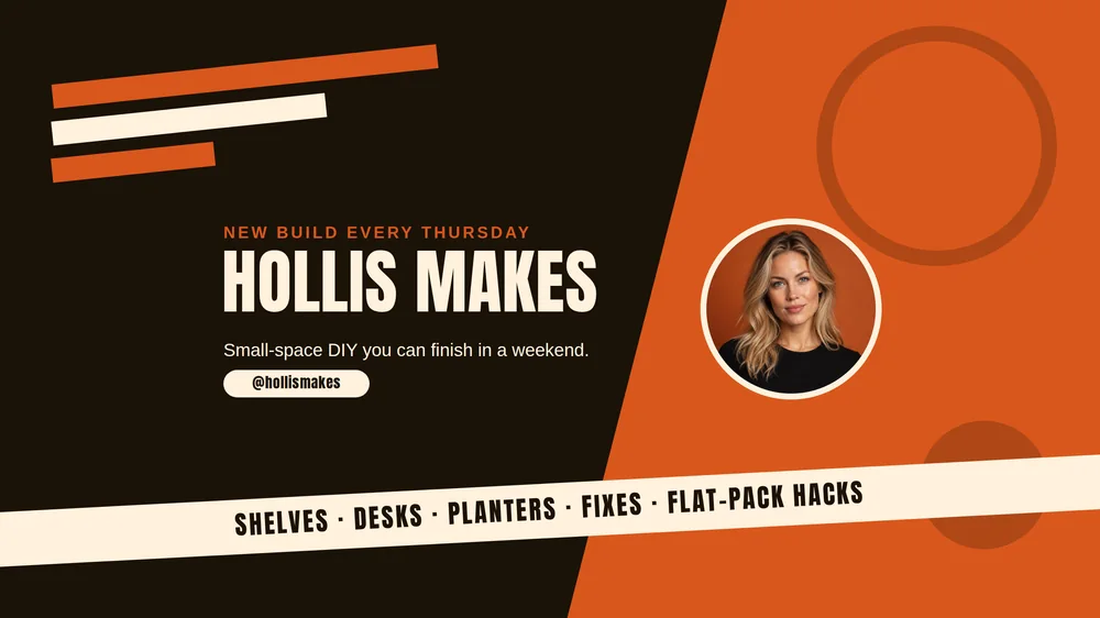 A wide YouTube banner, near-black on the left and burnt orange on the right, with the cream channel name Hollis Makes, the line Small-space DIY you can finish in a weekend., an @hollismakes pill, a blonde woman in a cream-ringed circle, and a tilted cream band of project words.