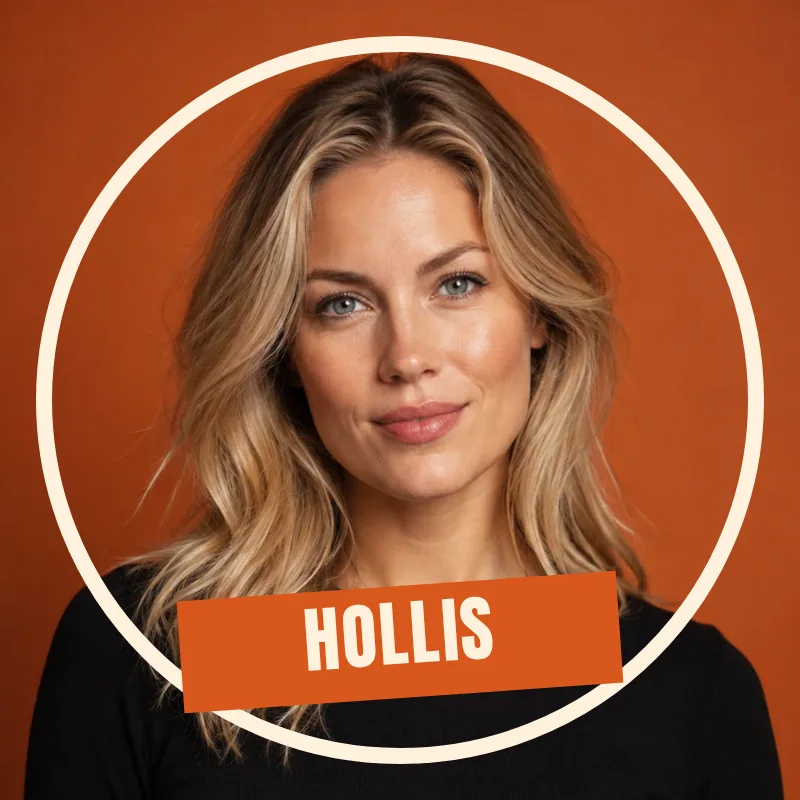A square profile picture of a blonde woman on burnt orange inside a thin cream ring, with the name Hollis in cream capitals on a tilted orange slab near the bottom.
