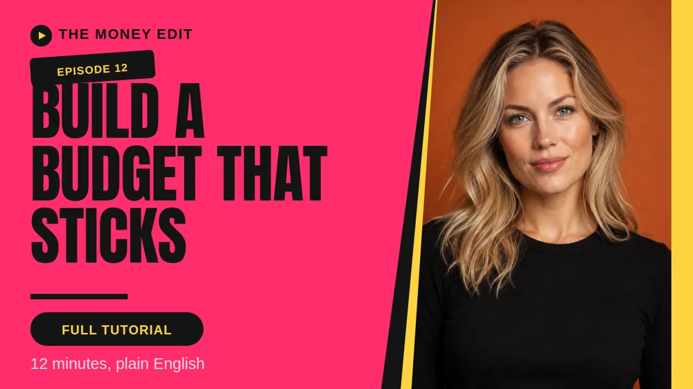 A wide YouTube thumbnail with a hot pink background, a bold black headline reading Build a budget that sticks, a black Episode 12 tag and Full tutorial pill, and a presenter photo edged in yellow.
