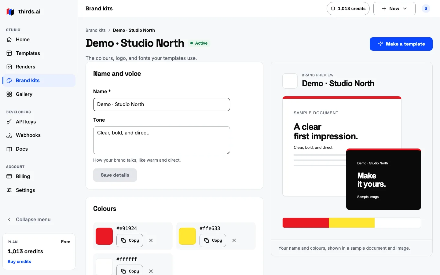 One brand kit page with its name, tone of voice, colour swatches, and a brand preview