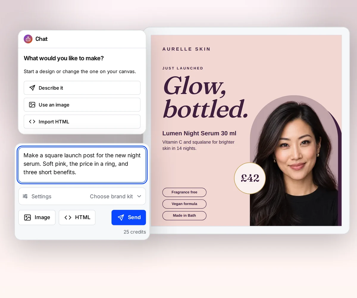 The AI chat with Describe it, Use an image, and Import HTML options beside an editable design