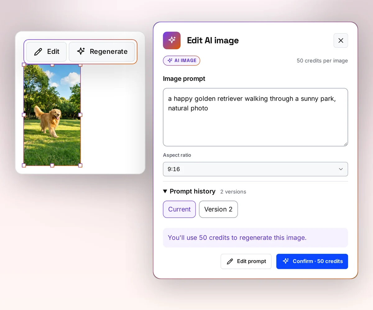 An AI image selected on the canvas with its prompt popup and price check
